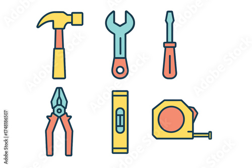 Essential construction and repair tools collection featuring hammer, wrench, screwdriver, pliers, level, and tape measure