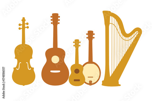Silhouettes of various string instruments including violin, guitar, ukulele, banjo, and harp