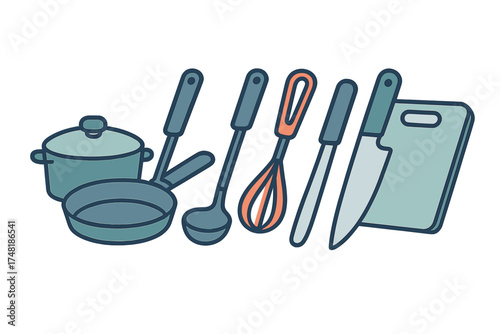 Essential kitchen tools and cooking equipment set including pot pan knife and whisk