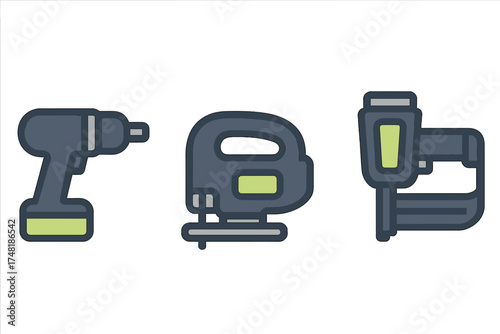 Set of essential power tools including cordless drill jigsaw and pneumatic nail gun