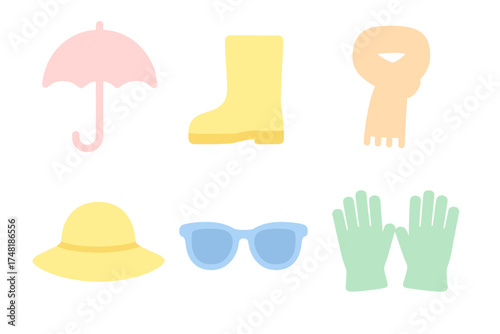 Seasonal weather accessories collection including umbrella rain boots scarf hat and sunglasses