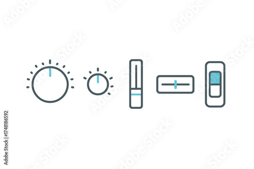 Various adjustment controls for user interface design featuring rotary knobs and linear faders