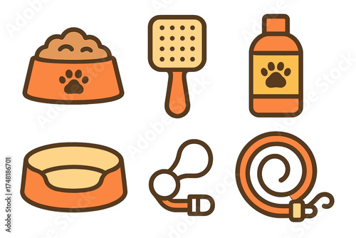 Assortment of domestic pet supplies and grooming tools for dogs and cats