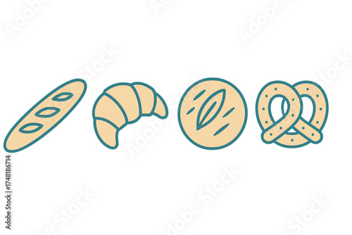 Minimalist set of baked goods shapes including baguette, croissant, round loaf, and salty pretzel