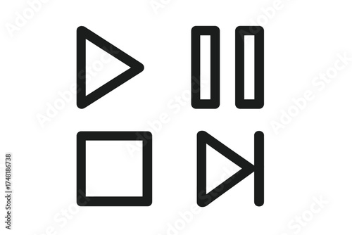 Outline icons for media player controls including play, pause, stop, and skip forward symbols