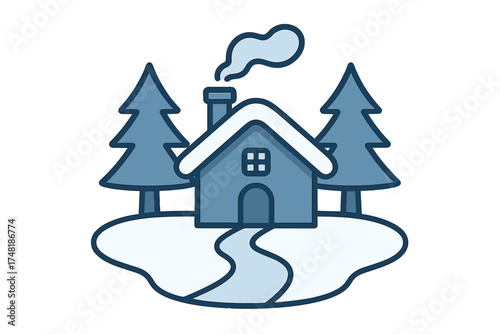 Cozy winter house surrounded by snowy pine trees with smoke rising from the chimney