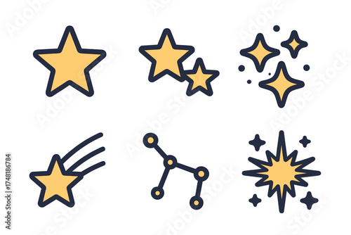 Outline celestial symbols including stars, sparkles, shooting star, and constellation pattern