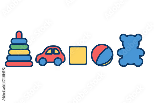 Classic colorful baby and toddler toys set including stacking ring, car, block, ball, and teddy bear icons