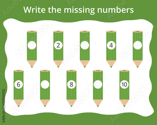Write the missing numbers in the pencil. Children's educational game. Score 1-10.