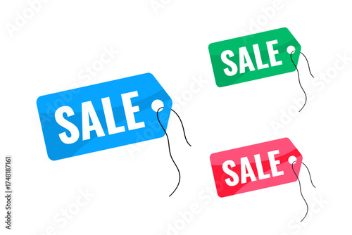 Set of colorful tags with thread and sale text