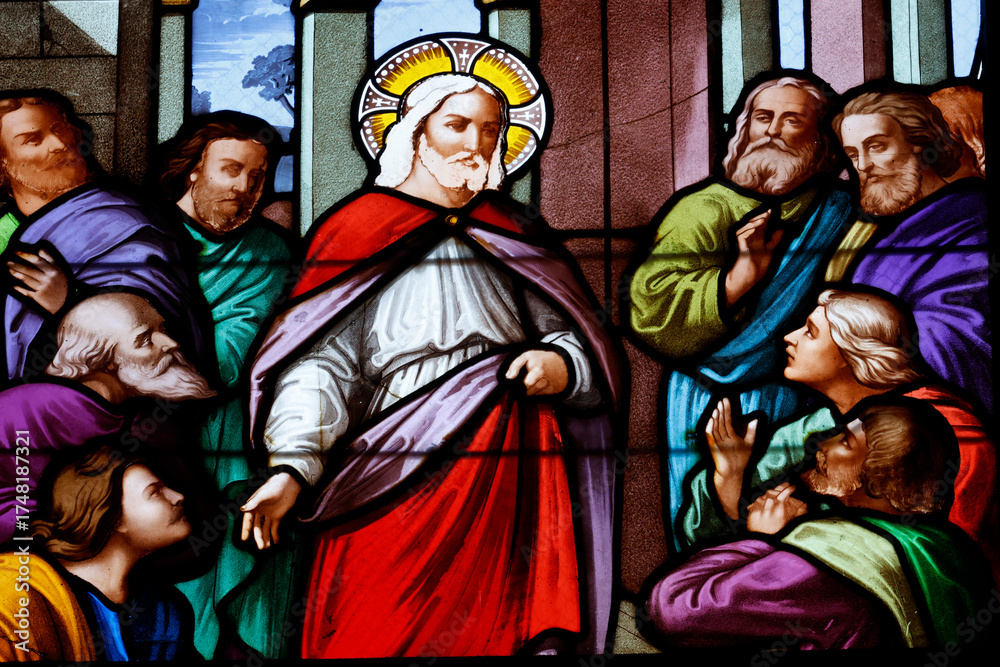 Obraz premium Saint Louis church. Stained glass. jesus and his apostles. La Roche sur Yon. France.
