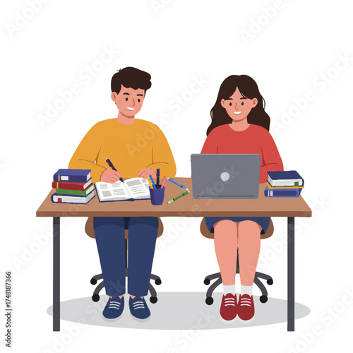 Two students, a boy and a girl, are actively collaborating on a laptop at a desk with open books and pens, presented as a vibrant 2D flat vector illustration on a white background.
