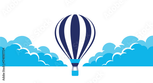 Blue and white striped hot air balloon ascending amidst stylized blue clouds, isolated on transparent background