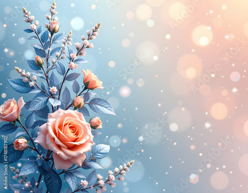 Icy Blue Nature Cascade with Soft Rose Flower Banner Background