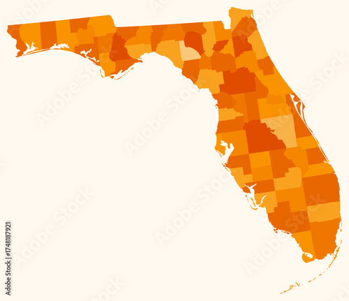 Map of Florida with counties. Just a simple state border map with county division. Orange color palette. Flat State of Florida shape with administrative division. Vector illustration.