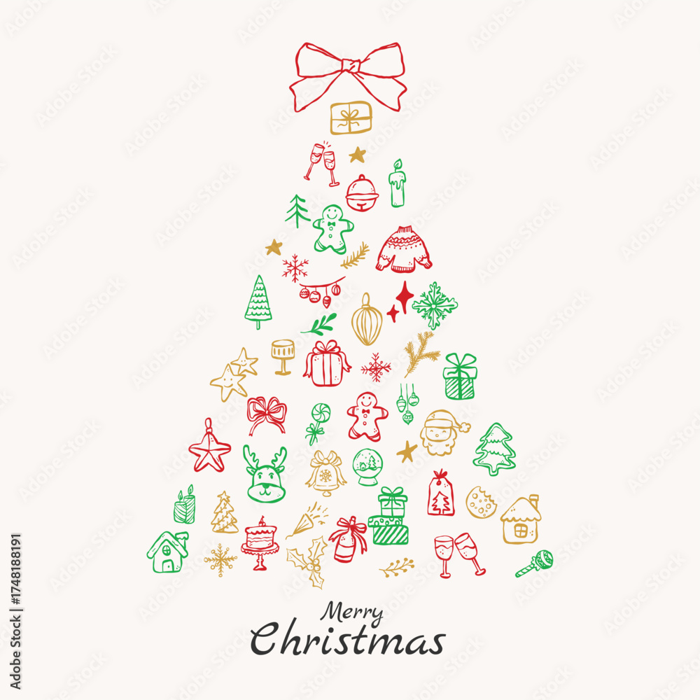 Fototapeta premium creative christmas tree illustration made of doodle holiday icons in red green and gold line art with festive elements and merry christmas text perfect for greeting cards posters and seasonal design