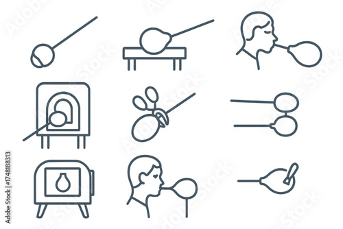 Glassblowing Icon Steps. Line style icons of glassblowing process steps: gathering molten glass, shaping on marver, blowing air,