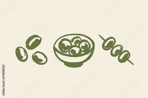  Olives in bowl skewer rustic sketch bold outline vector illustration