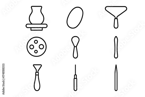 Pottery Tools Icons. Line style icons of pottery tools: pottery wheel, clay knife, rib tool, wire cutter, sponge, loop tool,