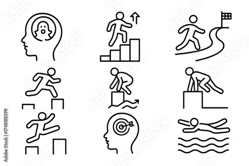 Parkour Mindset Icons. Line style icons of parkour mindset: fear control, personal growth, determination path, creative movement,
