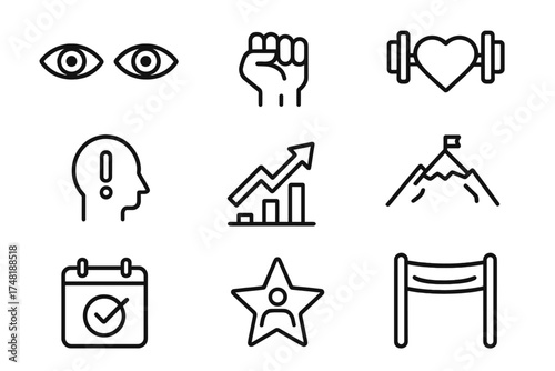 Motivation Icons Set. Line style icons of motivation and mindset: focus eyes, lifter fist, barbell heart, discipline icon,