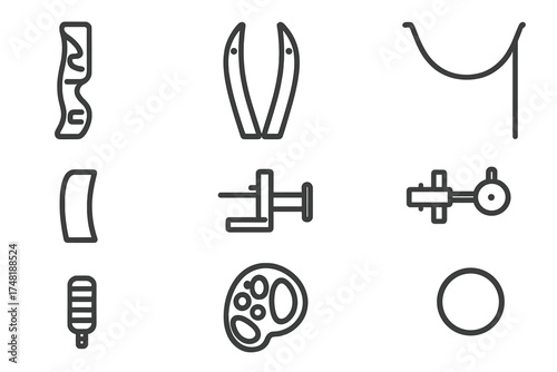 Archery Bow Components. Line style icons of different bow parts: riser, limbs, string, grip, arrow rest, sight, stabilizer, cam