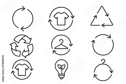 Circular Fashion Icons. Line style icons of circular fashion concepts: closed-loop arrow, product life cycle, reuse loop, circular
