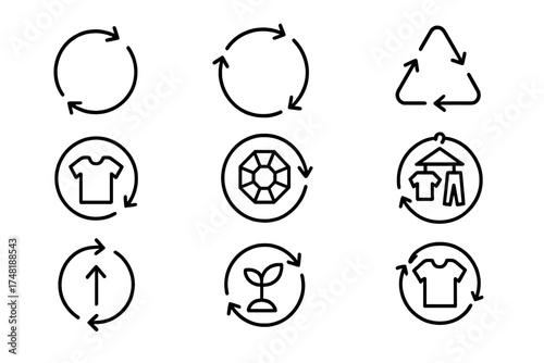 Circular Fashion Icons. Line style icons of circular fashion concepts: closed-loop arrow, product life cycle, reuse loop, circular