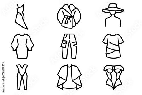 Avant-Garde Fashion Icons. Line style icons of avant-garde fashion pieces: asymmetrical dress, sculptural coat, oversized hat,