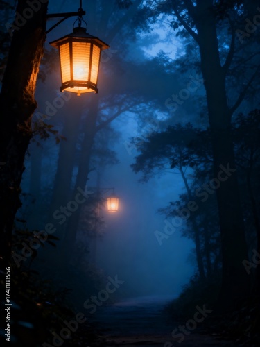 Shadowy Forest Path with Hanging Lanterns and Mist – Atmospheric Horror Scene
