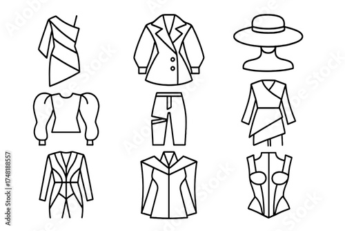 Avant-Garde Fashion Icons. Line style icons of avant-garde fashion pieces: asymmetrical dress, sculptural coat, oversized hat,