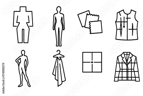 Fashion Design Icons. Line style icons of design concept sketches: abstract outfit sketch, silhouette outline, material swatches,