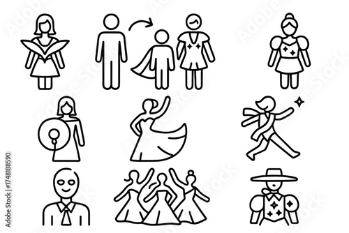 Performance Fashion Icons. Line style icons of performance fashion: wearable art, costume transformation, stage outfit, prop