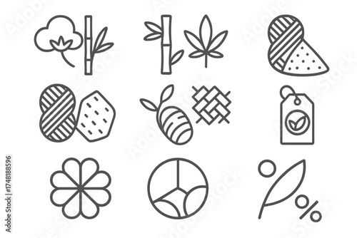 Eco Fabric Icons. Line style icons of conscious fabric blends: cotton-hemp blend, bamboo-linen mix, organic wool-poly blend,