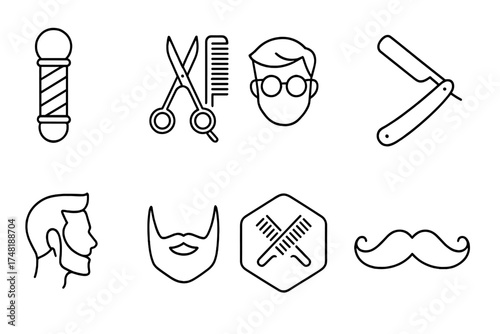Barber Shop Icons. Line style icons of barber shop symbols: spinning pole, scissors and comb icon, classic logo, open razor emblem