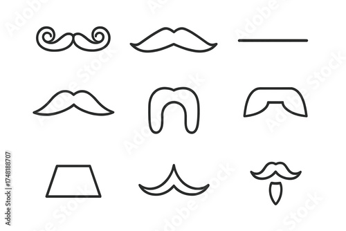 Mustache Icons. Line style icons of mustache types: handlebar, chevron, pencil, walrus, horseshoe, English, lampshade, imperial,