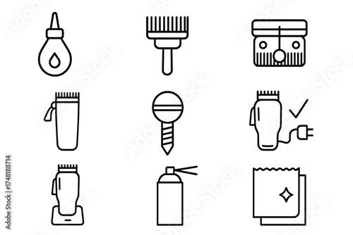 Clipper Maintenance Icons. Line style icons of clipper maintenance: oil dropper, brush clean, blade alignment, lever adjust,