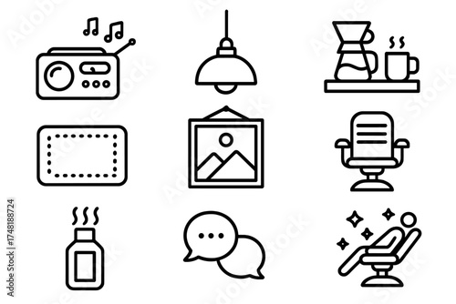 Barbershop Serenity Icons. Line style icons of barbershop ambiance: jazz radio, pendant light, coffee corner, welcome mat, wall