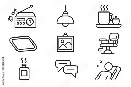 Barbershop Serenity Icons. Line style icons of barbershop ambiance: jazz radio, pendant light, coffee corner, welcome mat, wall