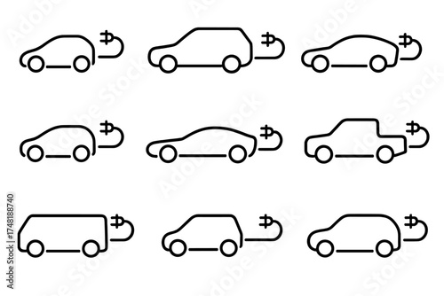 Electric Car Icons. Line style icons of electric car types: compact EV, electric SUV, electric sedan, electric hatchback, electric