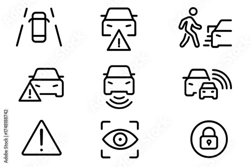 EV Safety Icons. Line style icons of EV safety systems: lane assist icon, collision warning, pedestrian alert, auto braking, rear
