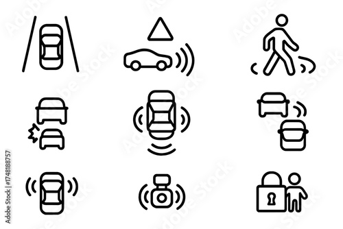 EV Safety Icons. Line style icons of EV safety systems: lane assist icon, collision warning, pedestrian alert, auto braking, rear