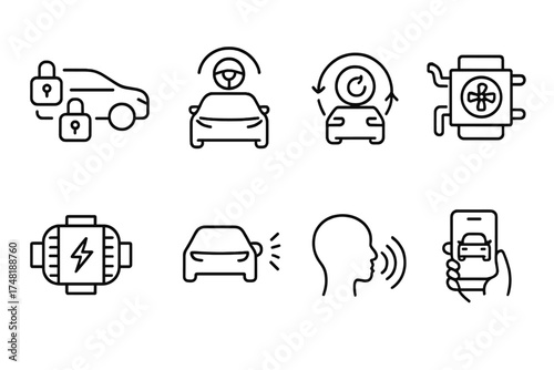 Electric Car Icons. Line style icons of electric car features: keyless entry, autopilot mode, regen brake, cabin heat pump,