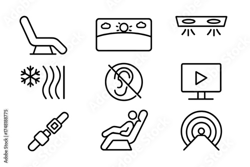Hyperloop Comfort Icons. Line style icons of Hyperloop passenger experience: reclining seat, panoramic window, lighting system,
