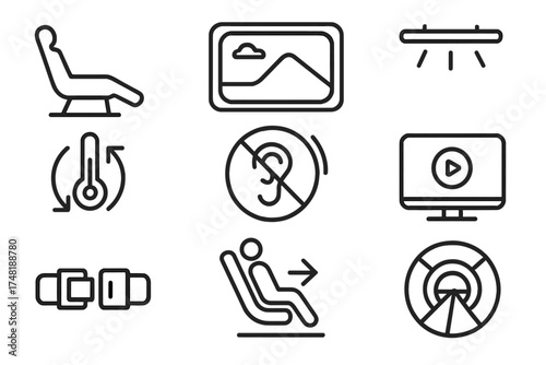 Hyperloop Comfort Icons. Line style icons of Hyperloop passenger experience: reclining seat, panoramic window, lighting system,