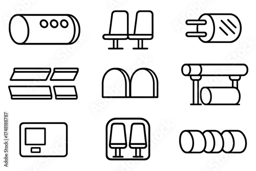 Modular Hyperloop Design Icons. Line style icons of Hyperloop modular design: detachable cabin, customizable seating, plug-in
