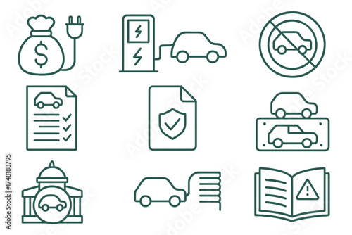 EV Policy Icon Set. Line style icons of EV policy and regulation: green incentive, charging tax credit, low-emission zone, EV
