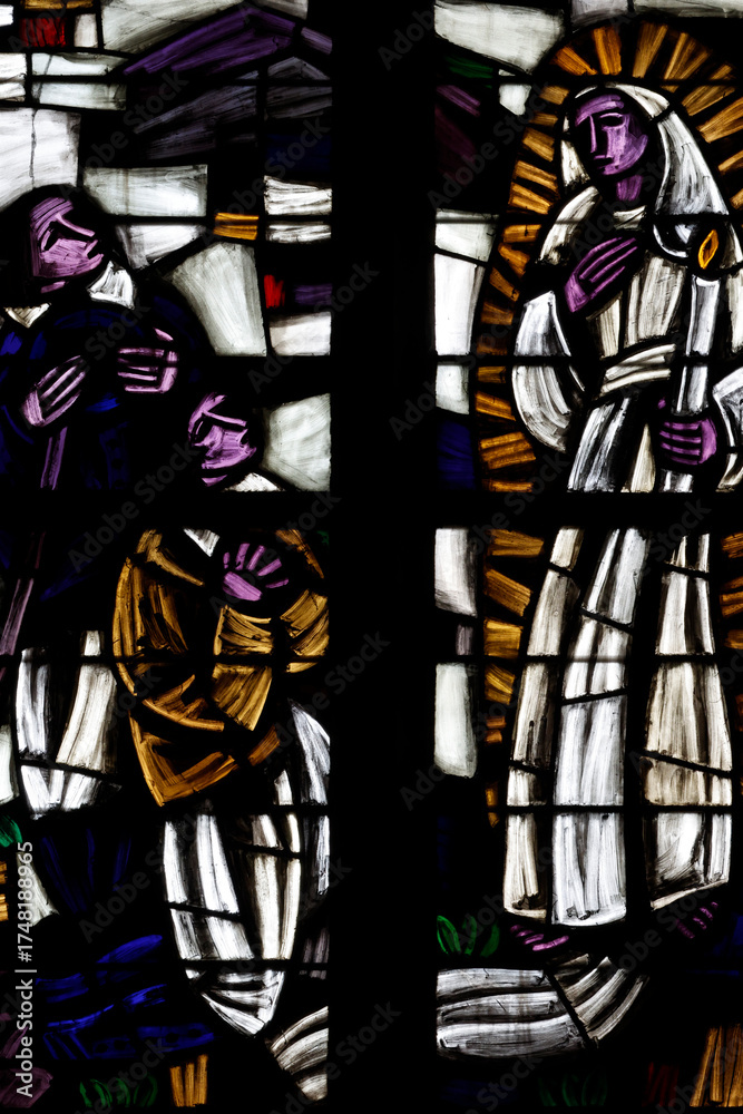 Obraz premium Basilica of Saint Anne of Auray. Stained glass. Yves Nicolazic and the statue of Saint Anne. France.