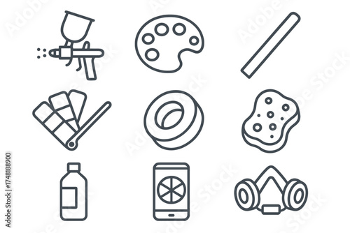 Vintage Car Painting Tools. Line style icons of vintage car painting tools: airbrush gun, mixing palette, paint stir stick, test