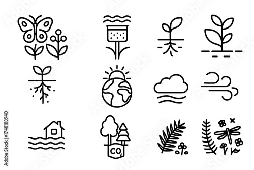 Ecosystem Benefit Icons. Line style icons of ecosystem benefits: increased biodiversity, water filtration, soil regeneration,